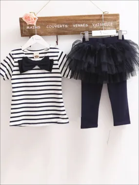 Girls Large Bow Applique Striped Top And Tutu Skirt Legging Set