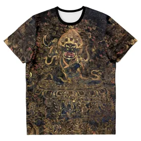 Gold and Black Mahakala Holding a Skull  Tibetan Thangka, Nepal, Tantric Vintage Buddhist T-Shirt Tee