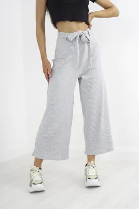 GREY MARL WIDE LEG ALL OVER RIB BELTED TROUSERS