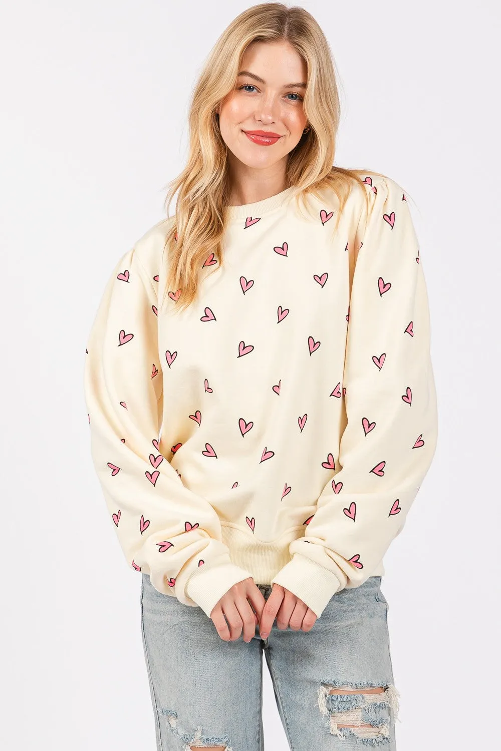 Heart Printed Contrast Long Sleeve Sweatshirt