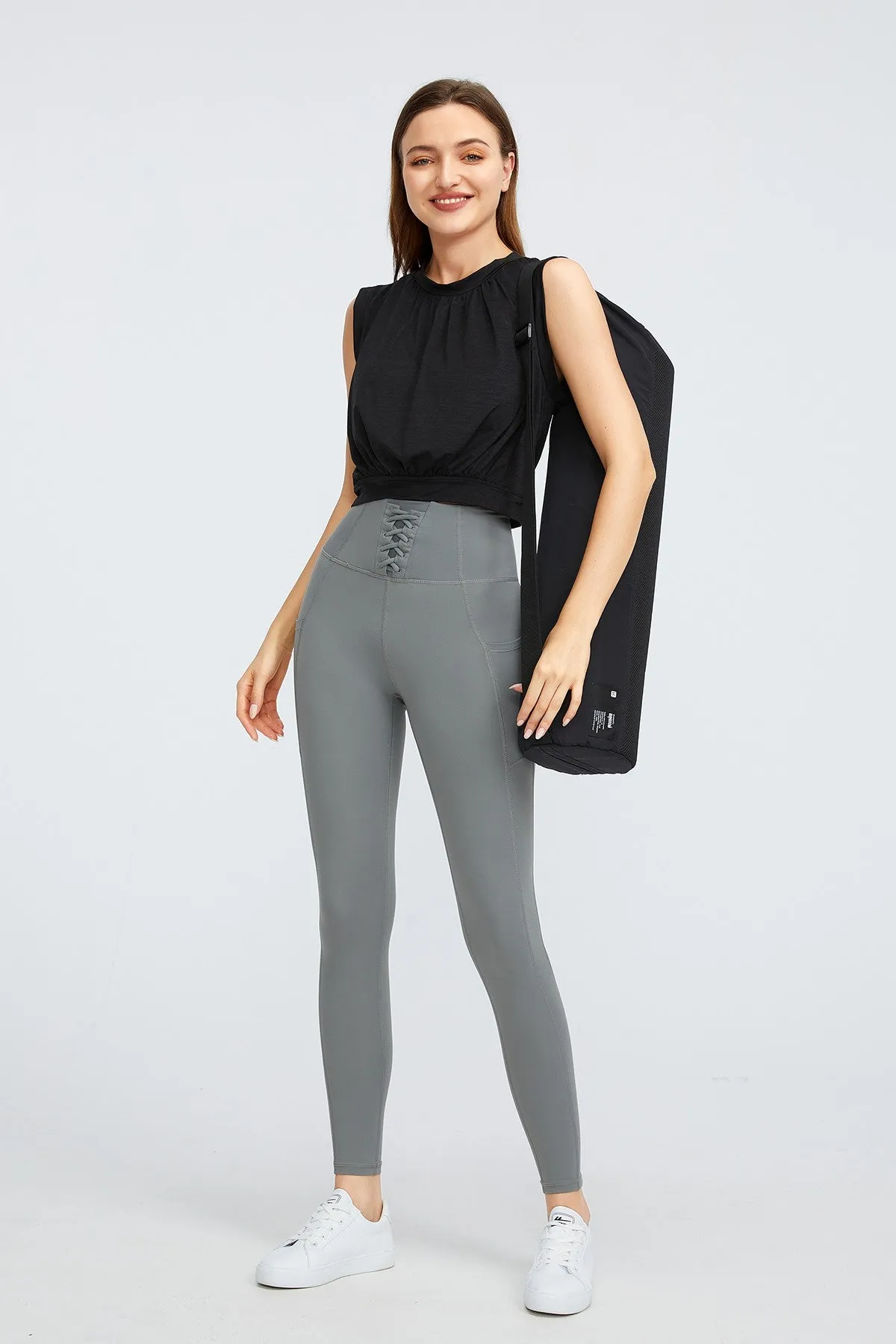 High Rise Lace-Up Leggings With Pockets