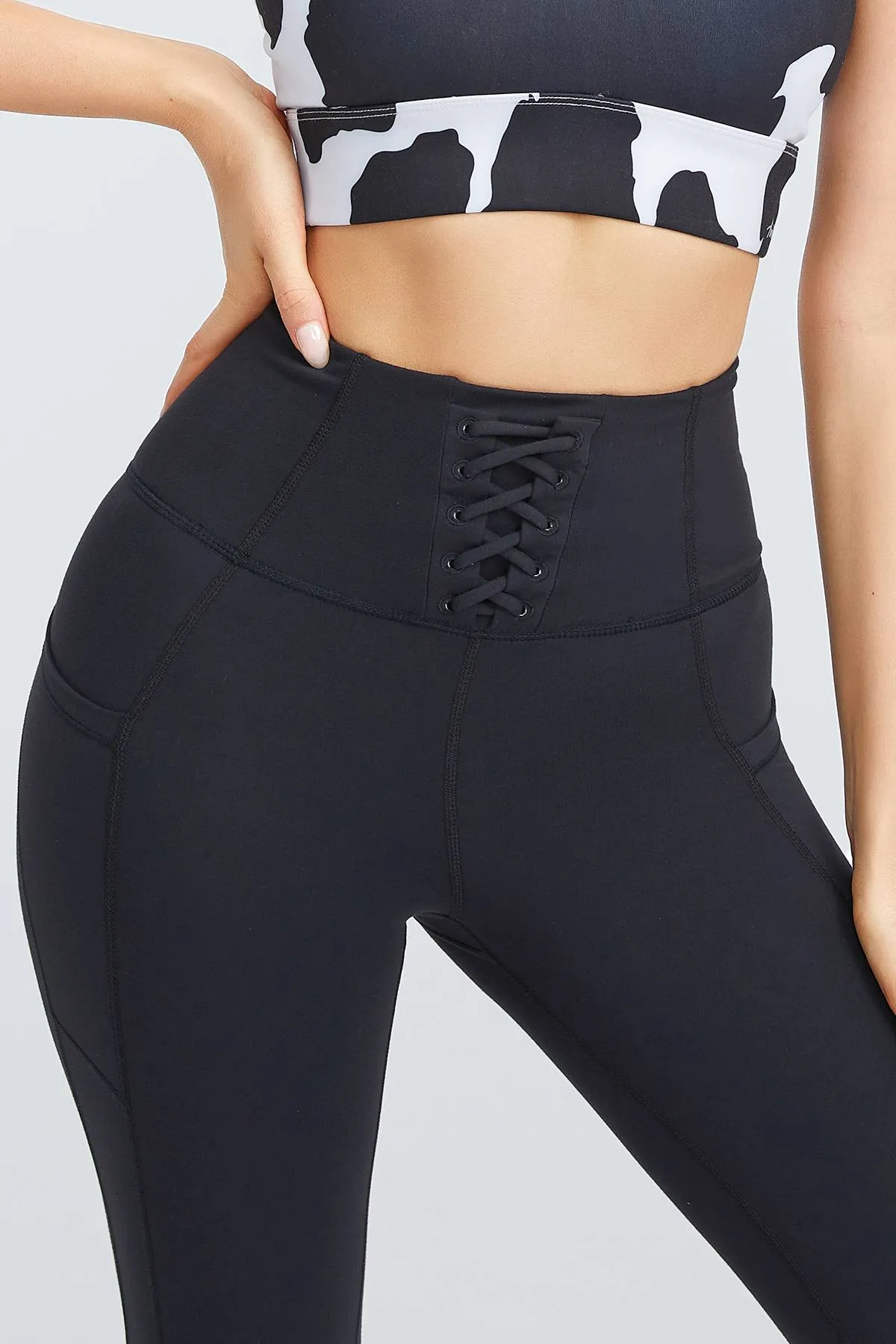 High Rise Lace-Up Leggings With Pockets