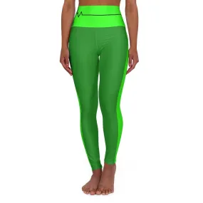 High Waisted Yoga Leggings, Forest Green And Neon Green Black Bordered