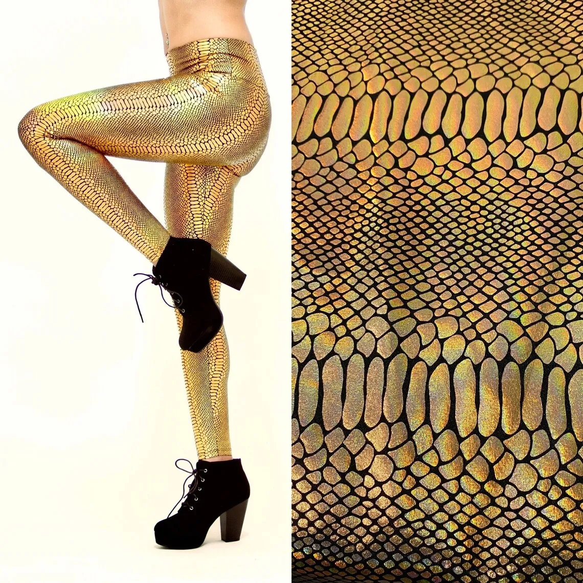 Holographic Gold Snake Print High Waisted Women's Leggings: Snake Skin// Animal Print