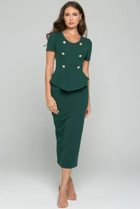 Hunter Green Sheath Peplum Short Sleeve Maxi Dress