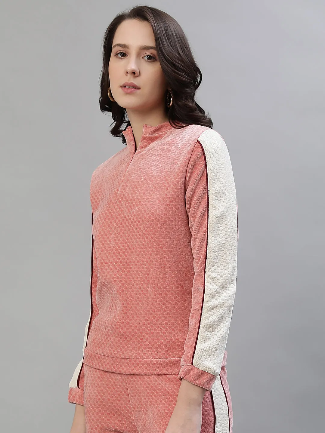 Iconic Women Pink Colorblocked Mock Neck Full Sleeves Sweatshirt