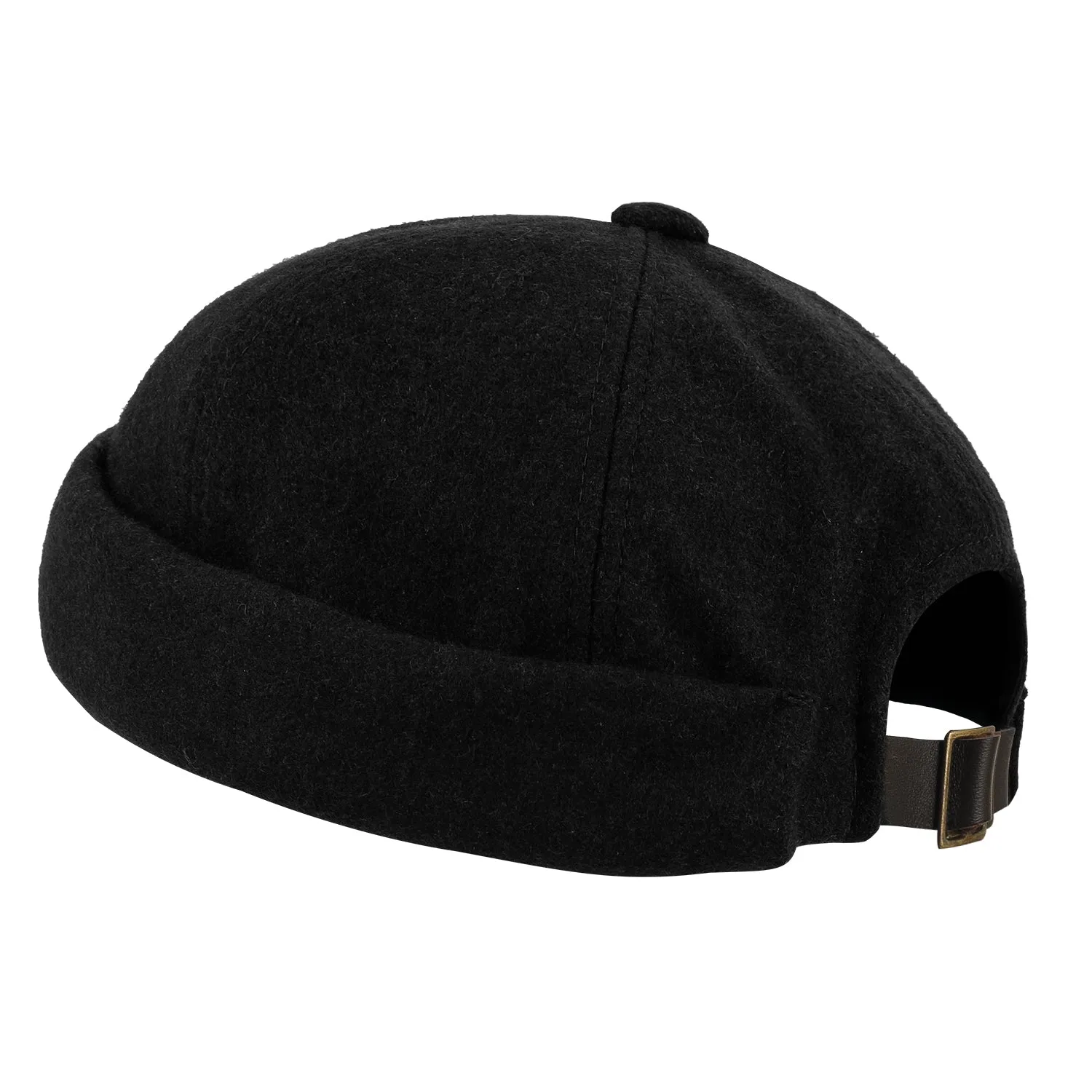 ililily Solid Color Wool Blend Short Beanie Faux Leather Strap Hat Soft Cap