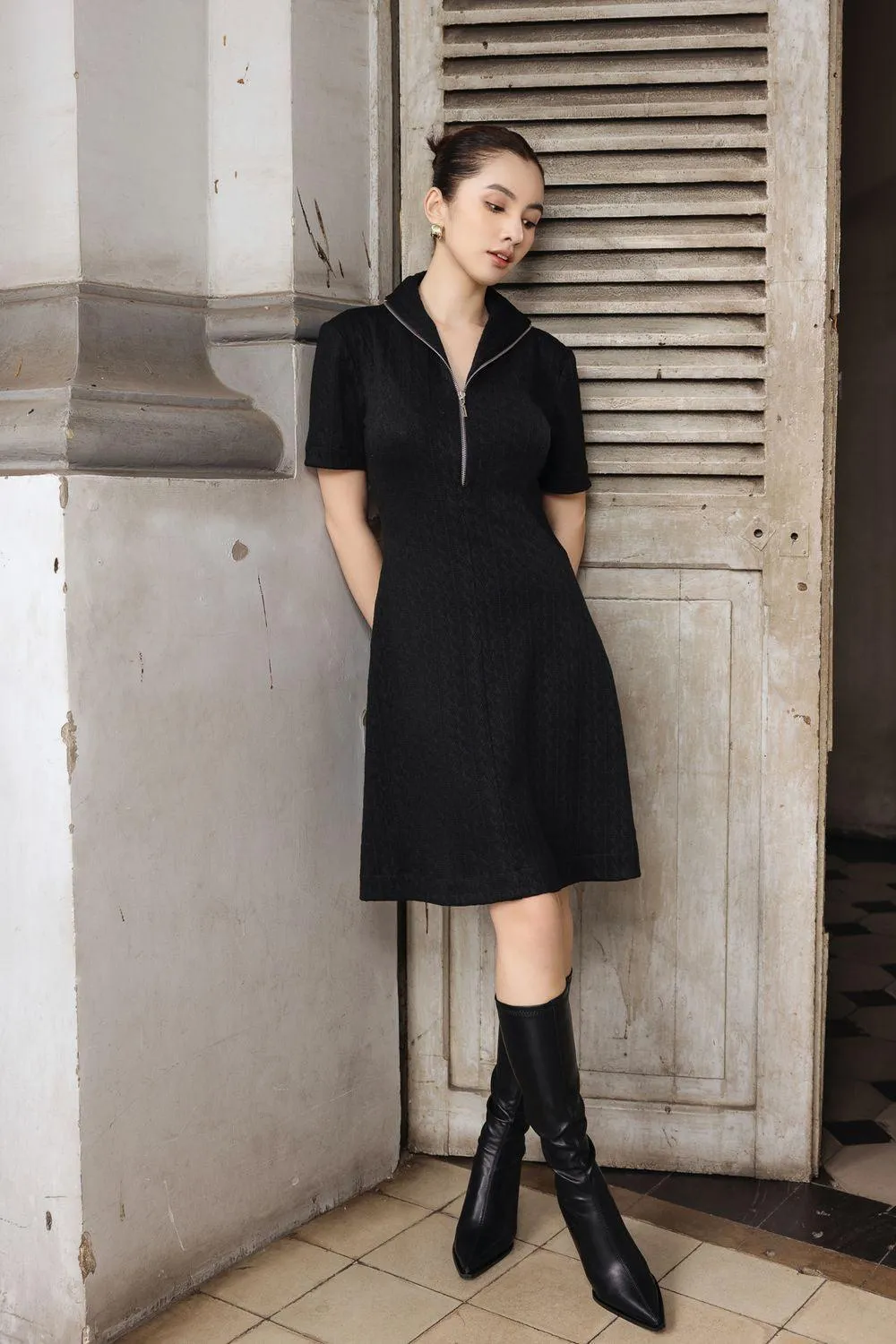 Jade A-line Front Zipper Knit Knee-length Dress