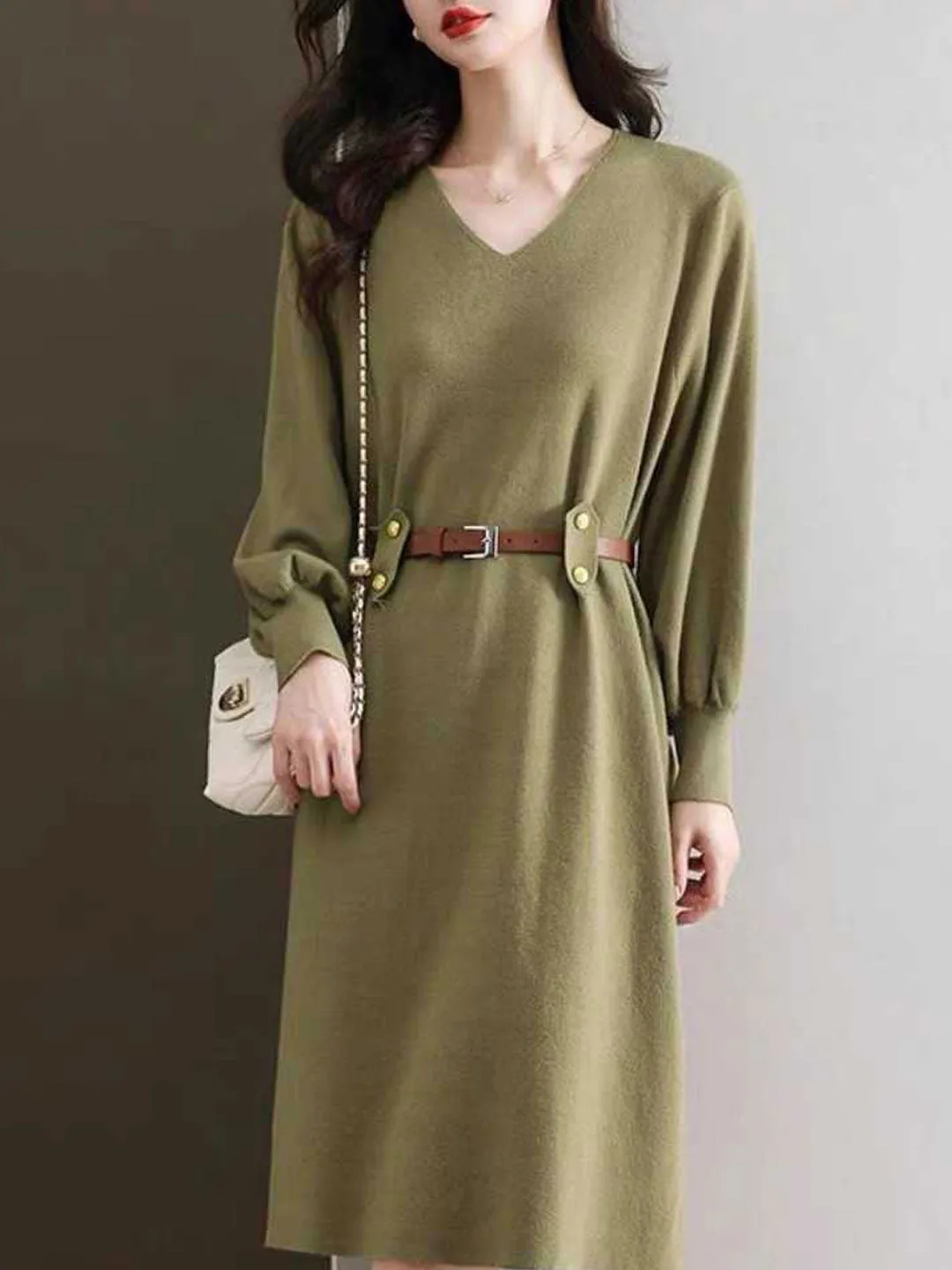 Lauren Classic Solid Color Lantern Sleeve Knitted Dress