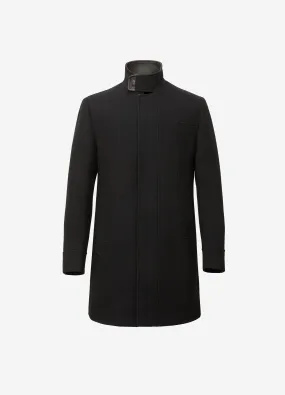 Leather Trim Melton Coat Black