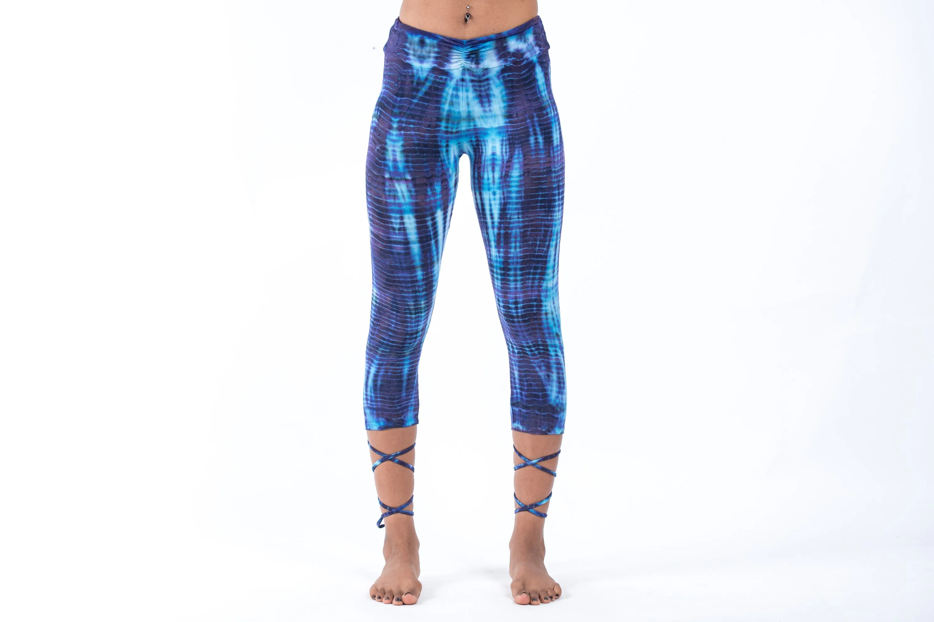 Lightning Stripes Tie Dye Cotton Capri Leggings in Indigo