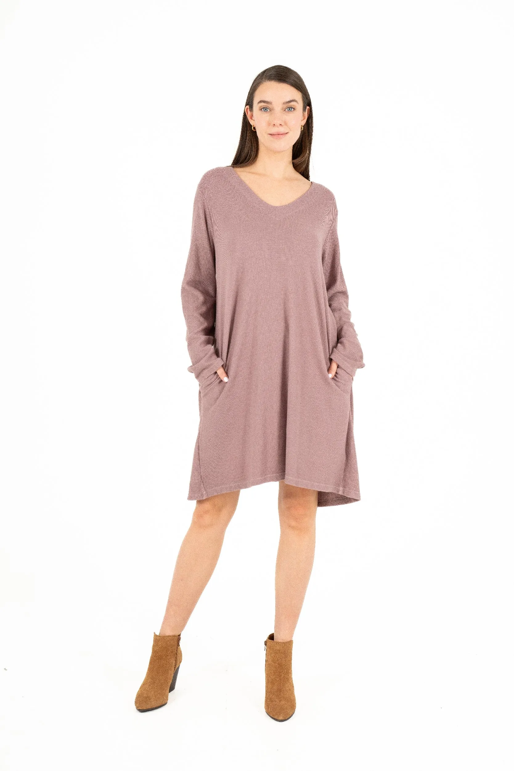 M Made in Italy – V-Neck Long Sleeve Dress With Flap Panels And Pockets