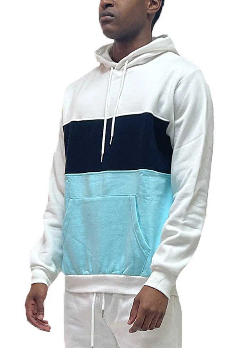 Mens Blue White Color Block Pullover Hoodie