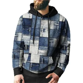 Men's Denim Patchwork Printed Casual Hoodie 69842201YY