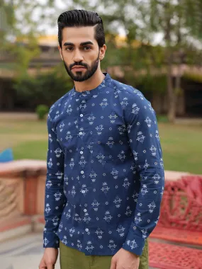 Men's Ethnic Print Pure Cotton Navy Blue Casual Shirt