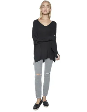 Michael Lauren Gio L/S Draped V-Neck Top w/Thumbholes in Caviar