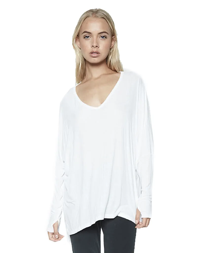 Michael Lauren Gio L/S Draped V-Neck Top w/Thumbholes in White