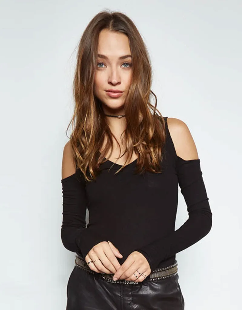 Michael Lauren Ramiro V-Neck Open Shoulder Top in Black