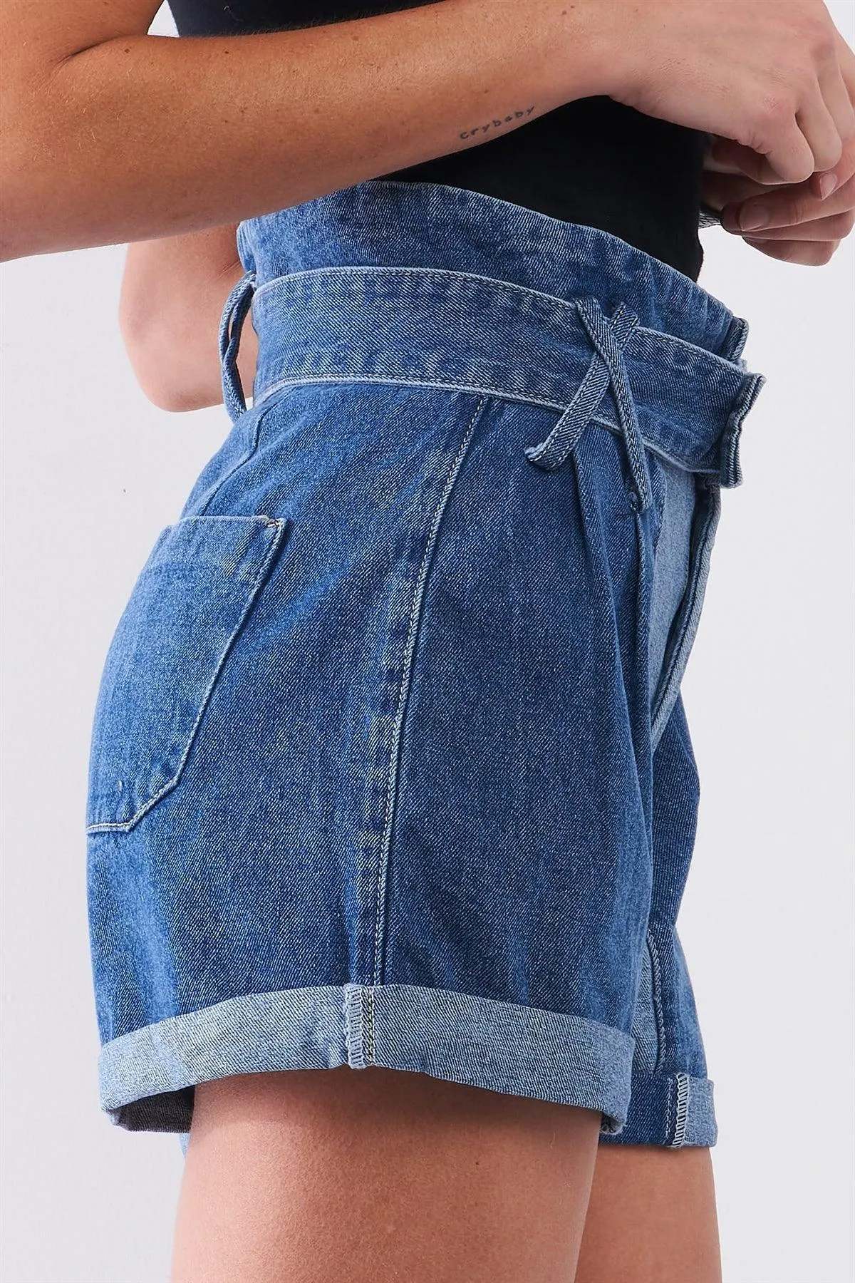 Mid-Blue Two Tone Wash High-Waisted Cuffed Denim Mom Shorts