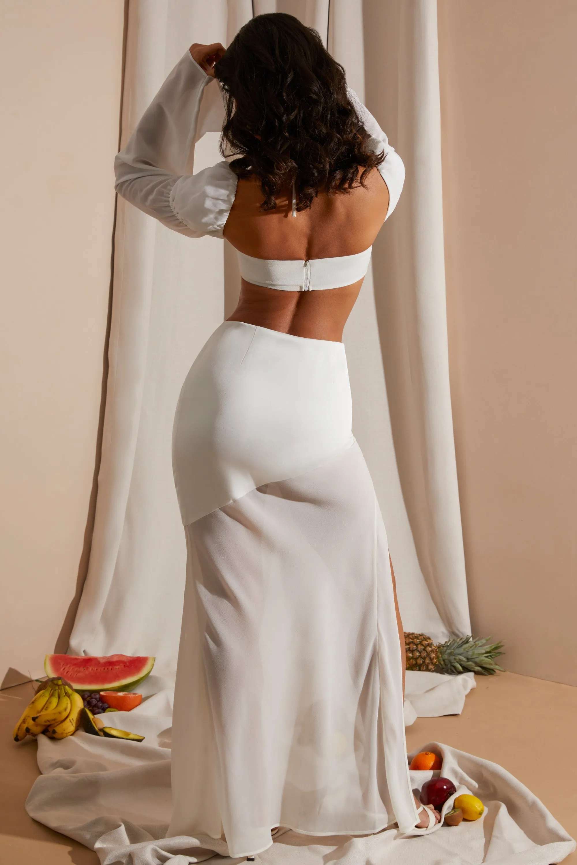 Mid Rise High Slit Maxi Skirt in White