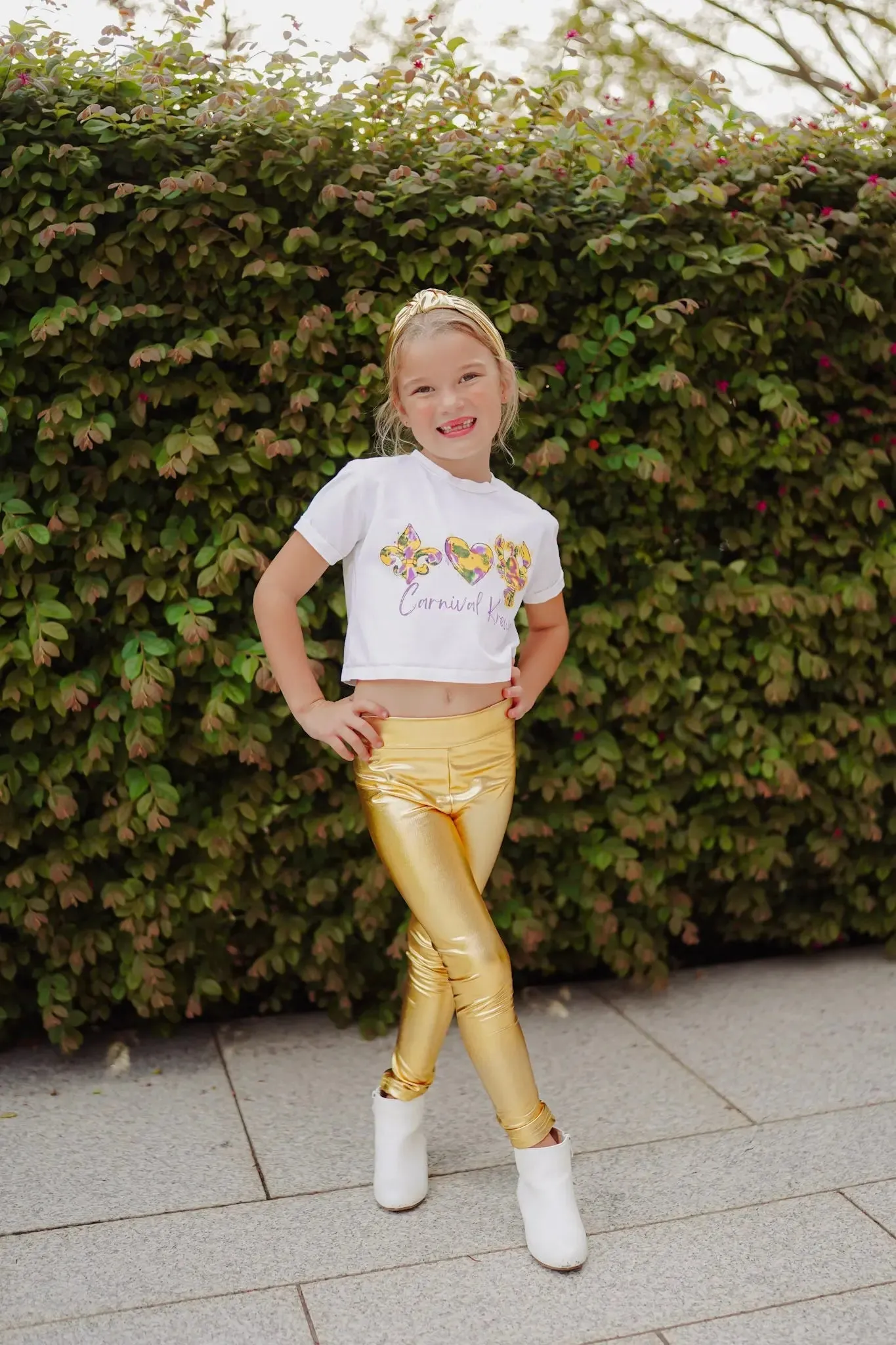 Never Basic Metallic Gold Ankle Bow Accent Leggings