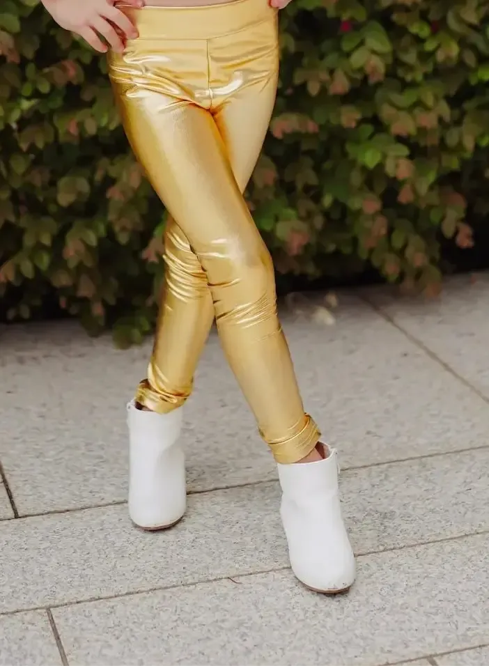 Never Basic Metallic Gold Ankle Bow Accent Leggings