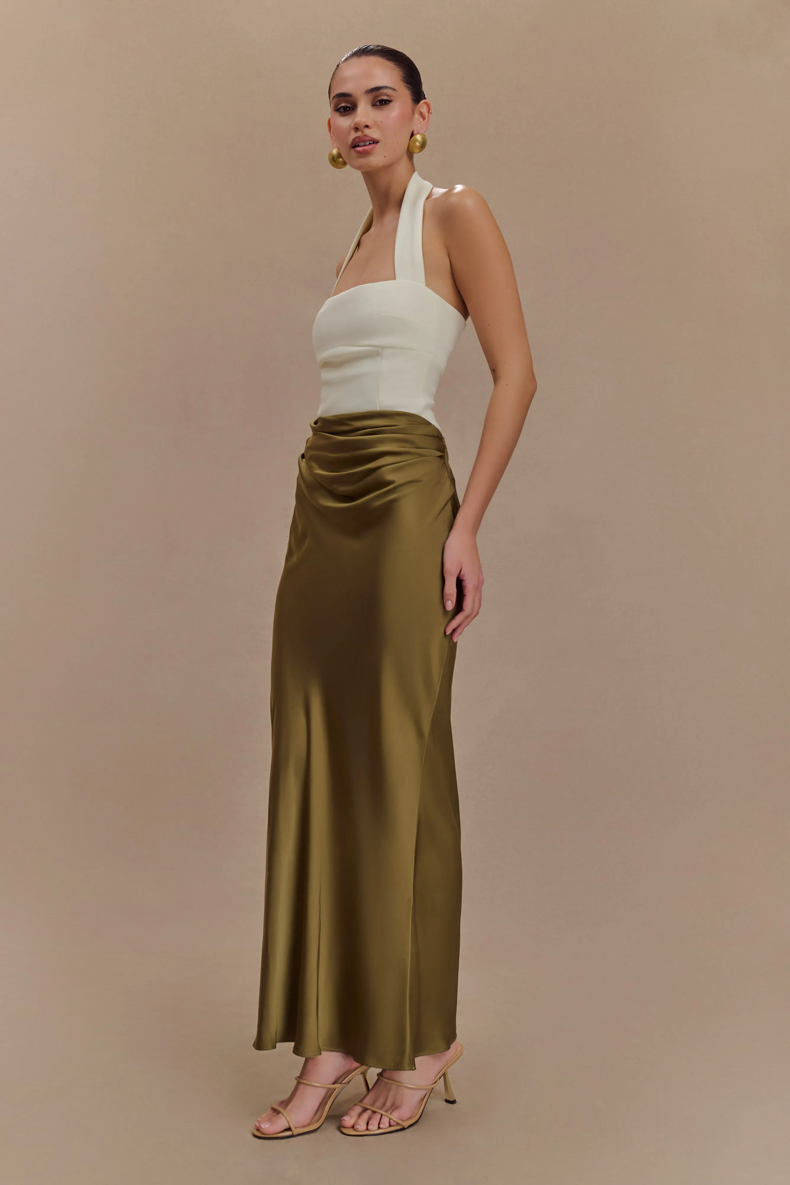 Nicola Satin Asymmetric Maxi Skirt - Basil