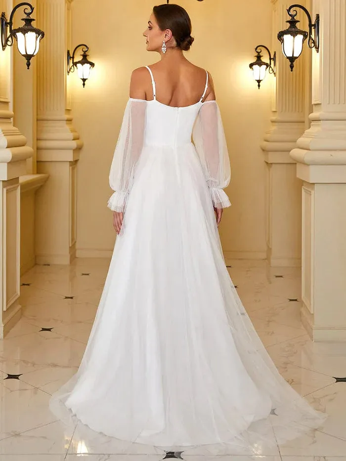 Off Shoulder Sheer Applique Maxi Wedding Dress with Puff Sleeves