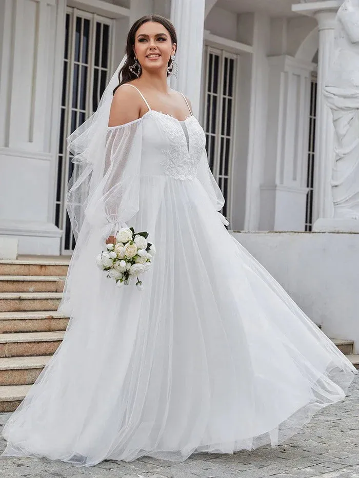 Off Shoulder Sheer Applique Maxi Wedding Dress with Puff Sleeves