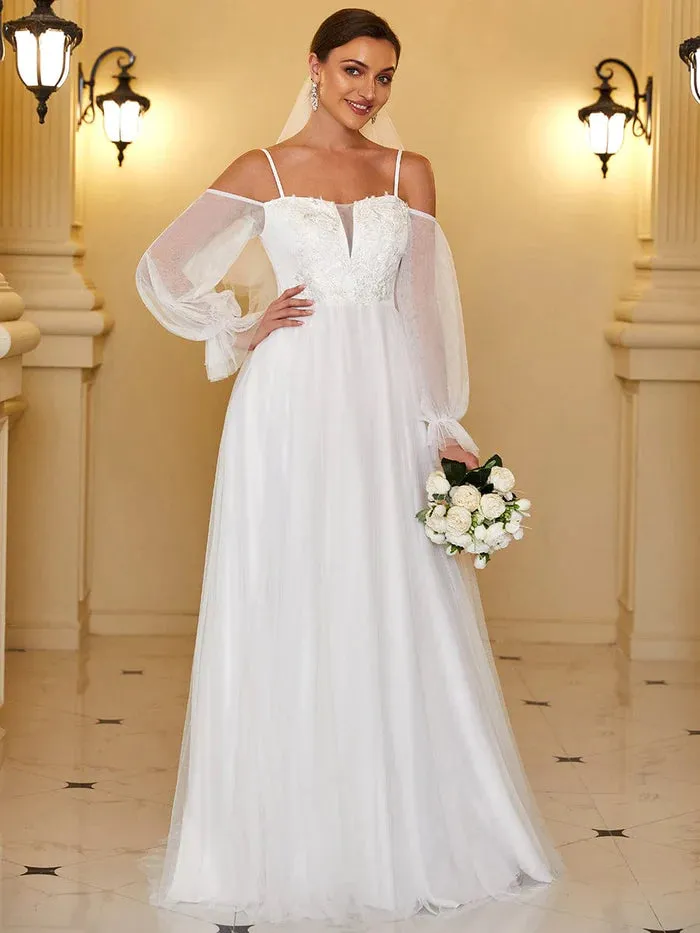 Off Shoulder Sheer Applique Maxi Wedding Dress with Puff Sleeves