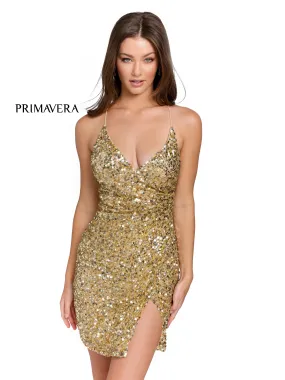 Primavera Couture 3891 Size 0, 2, 8 Gold Short Fitted Sequin Formal Slit Cocktail Prom Dress Backless Corset