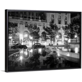 "1930's Night Scene 5th Avenue Tree Lined Sidewalk" Black Float Frame Canvas Art