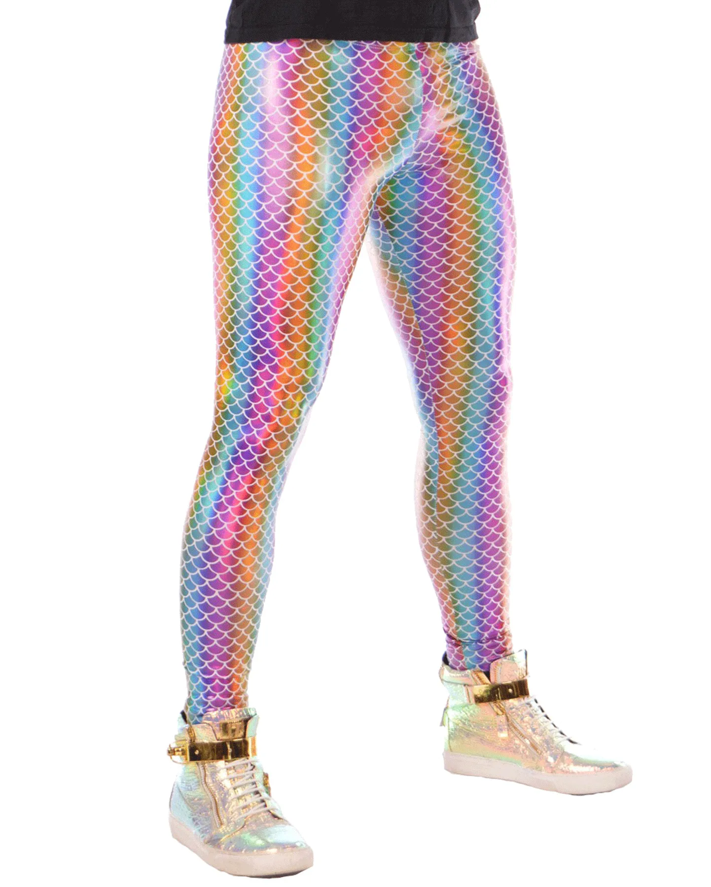 Rainbow Mermaid: Holographic Merman Meggings - Rainbow Mermaid Scale Mens Leggings