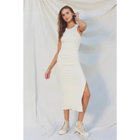 Ribbed Racerback Ruched Midi Dress Ivory