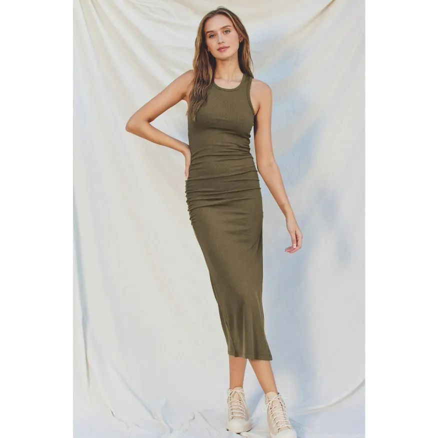 Ribbed Racerback Ruched Midi Dress Olive