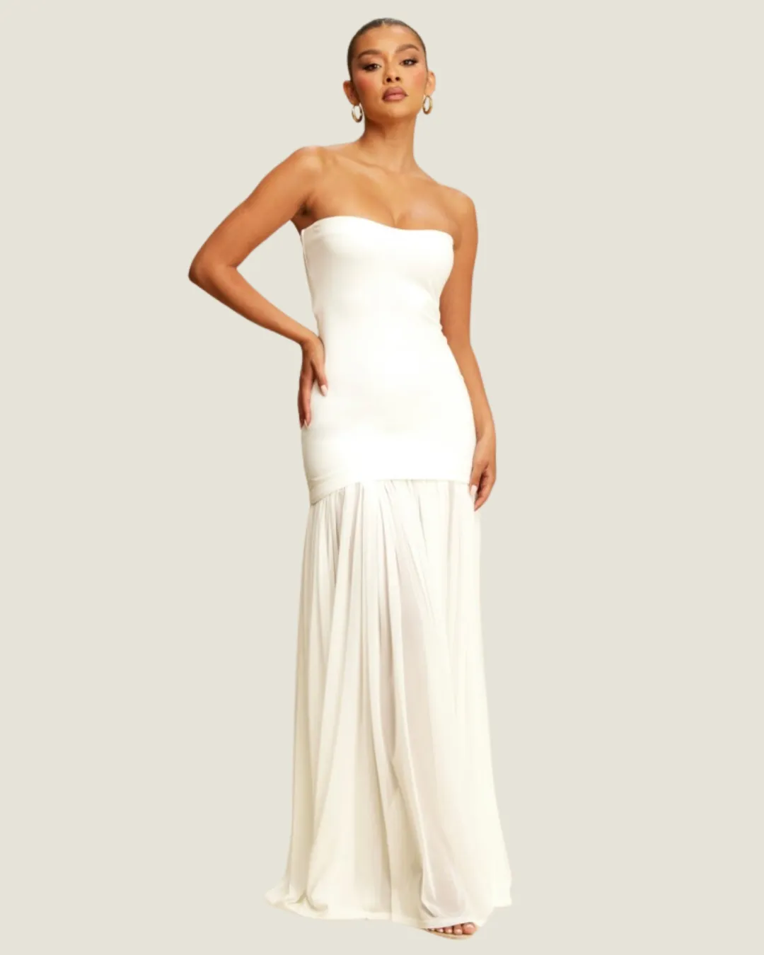 Santa Favorite: Strapless Shirred White Maxi Dress