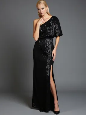 Short Sleeve One Shoulder Sequin Maxi Dress