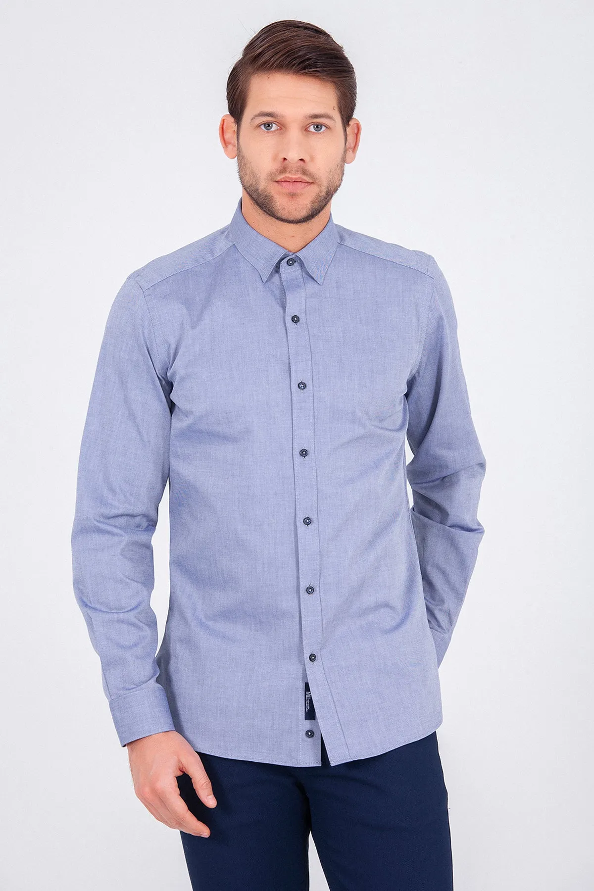 Slim Fit Long Sleeve Cotton Light Navy Casual Shirt