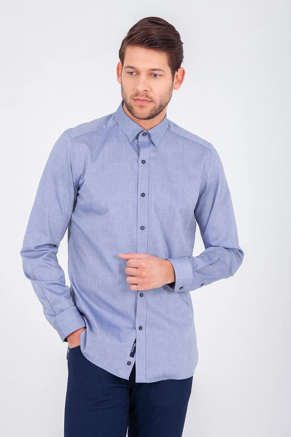 Slim Fit Long Sleeve Cotton Light Navy Casual Shirt