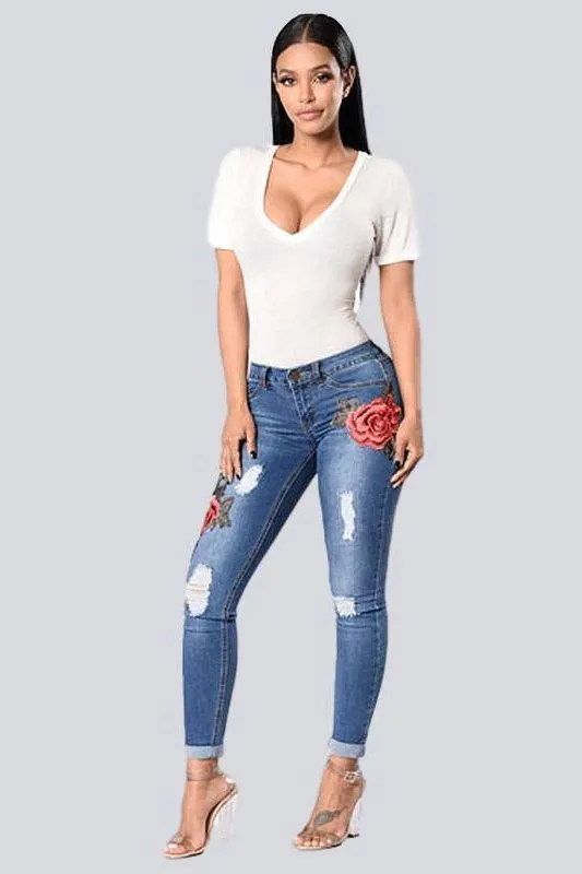 Stretch Embroidered Ripped Jeans