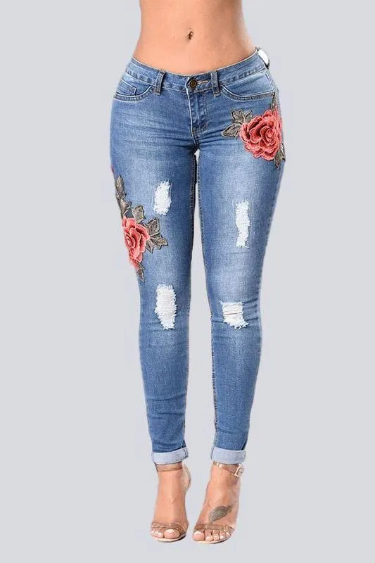 Stretch Embroidered Ripped Jeans