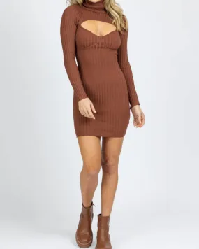 Turtleneck Keyhole Knit Mini Dress In Cocoa | Cocoa