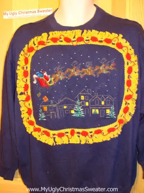 Ugly Christmas Tacky Sweatshirt Santa & Flying Reindeer with Fringe (q24)