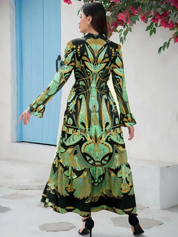 Vibrant Green and Black Ladies Middle Eastern Casual Maxi Dress