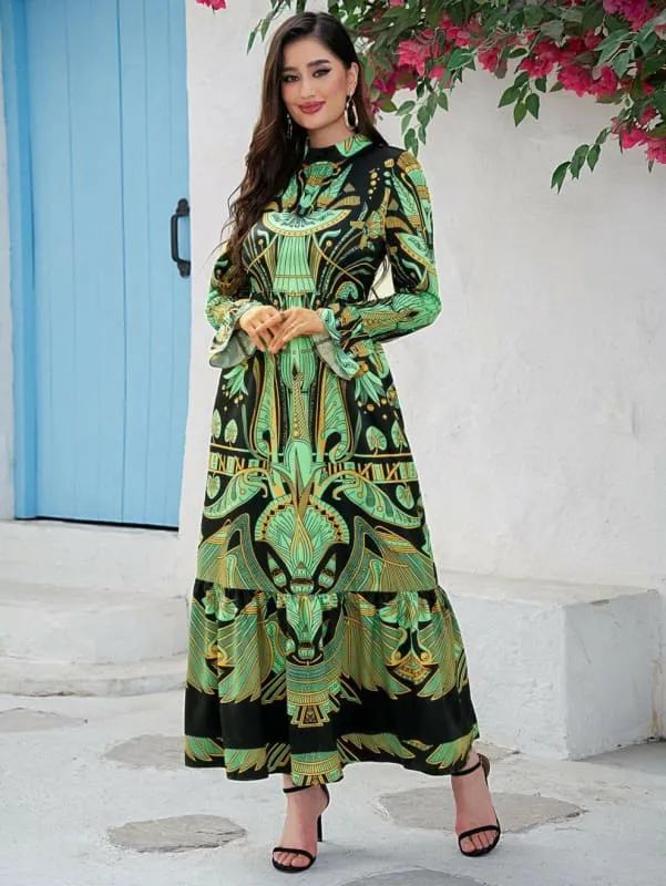 Vibrant Green and Black Ladies Middle Eastern Casual Maxi Dress