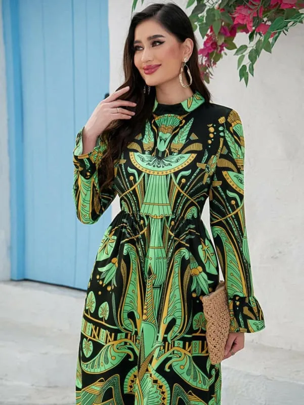 Vibrant Green and Black Ladies Middle Eastern Casual Maxi Dress