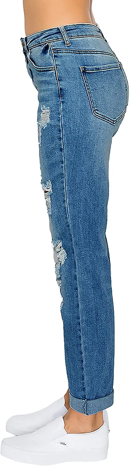 Wax Jean Women's Boyfriend Jeans with Destructed Blown Knee and Rolled Cuff