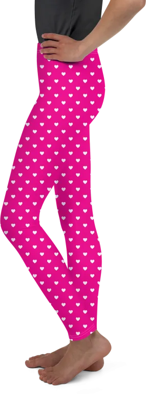 White Mini Hearts Pink Youth Leggings