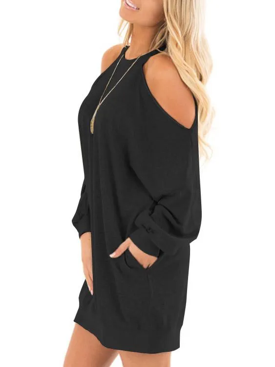 Wholesale Black Cold Shoulder Long Sleeve Side Pockets Shirt Dresses