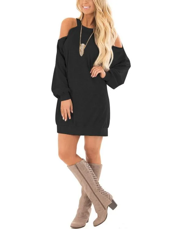 Wholesale Black Cold Shoulder Long Sleeve Side Pockets Shirt Dresses